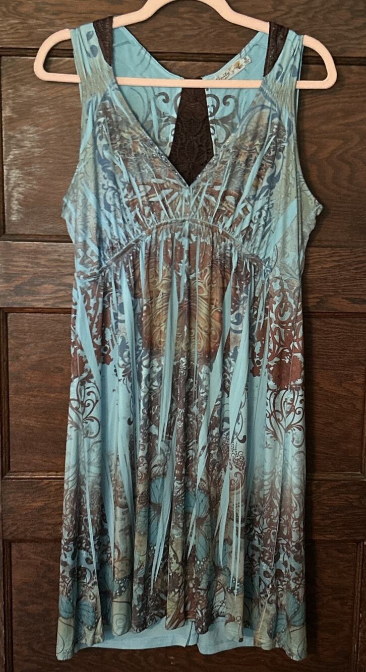 Unity Teal Chocolate Brown Lace Butterfly Babydoll Dress Sz M 2010s Whimsy